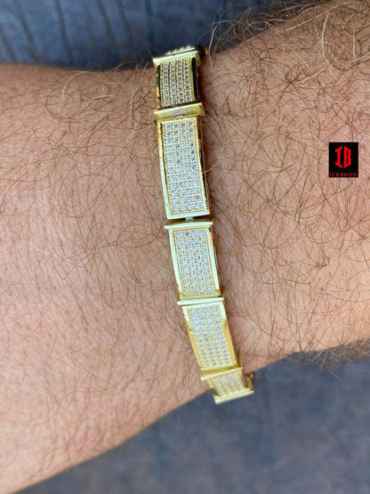 RHODIUM Gold Over Solid 925 Sterling Silver Mens Iced Flooded Out Bracelet Diamond