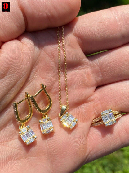 14k Gold Vermeil 925 Silver Baguette Diamond Ring Necklace Earrings Jewelry Set