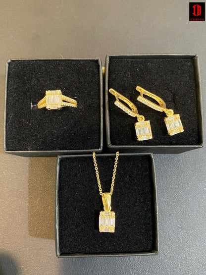 14k Gold Vermeil 925 Silver Baguette Diamond Ring Necklace Earrings Jewelry Set
