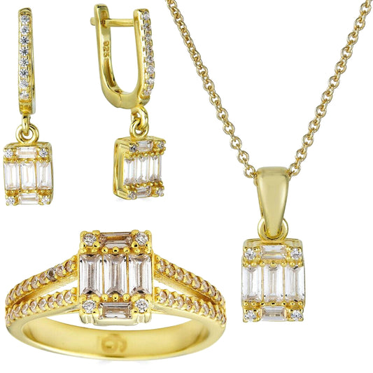 14k Gold Vermeil 925 Silver Baguette Diamond Ring Necklace Earrings Jewelry Set