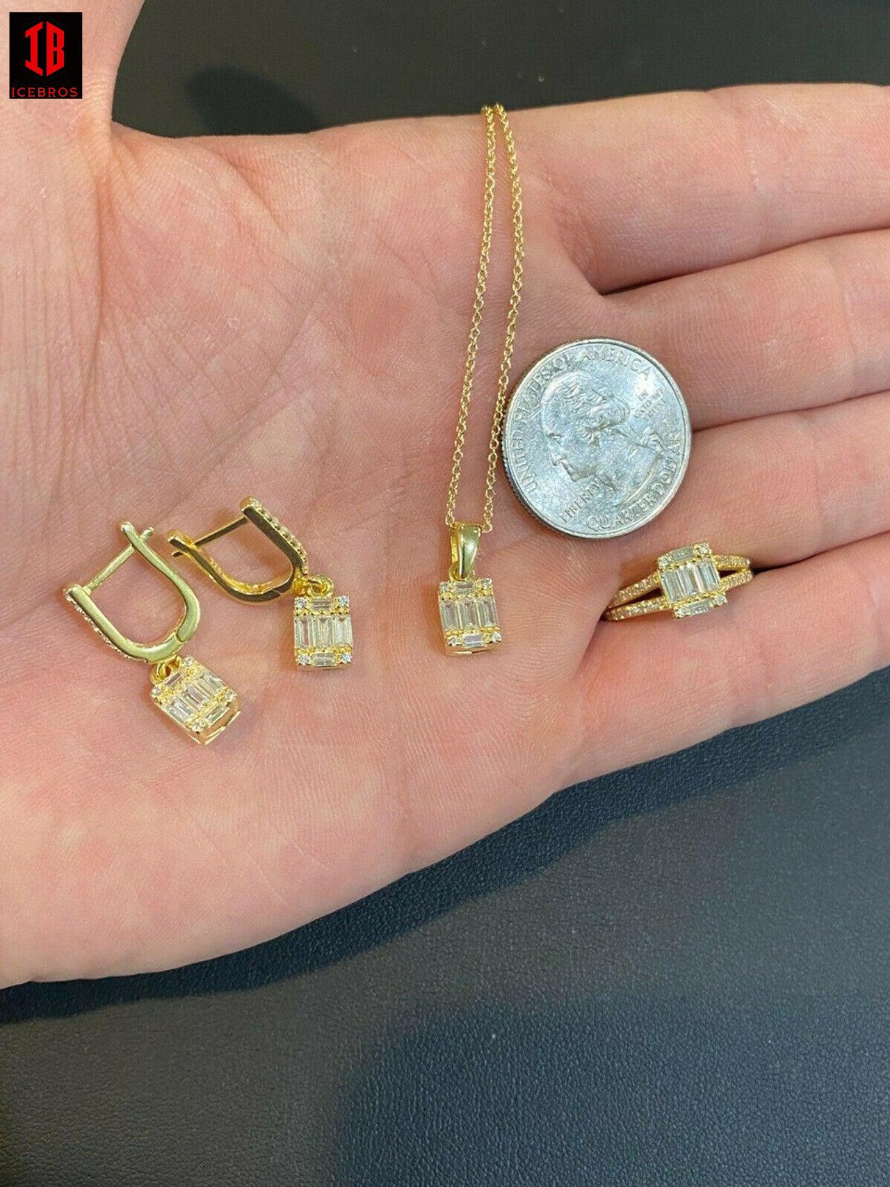 14k Gold Vermeil 925 Silver Baguette Diamond Ring Necklace Earrings Jewelry Set