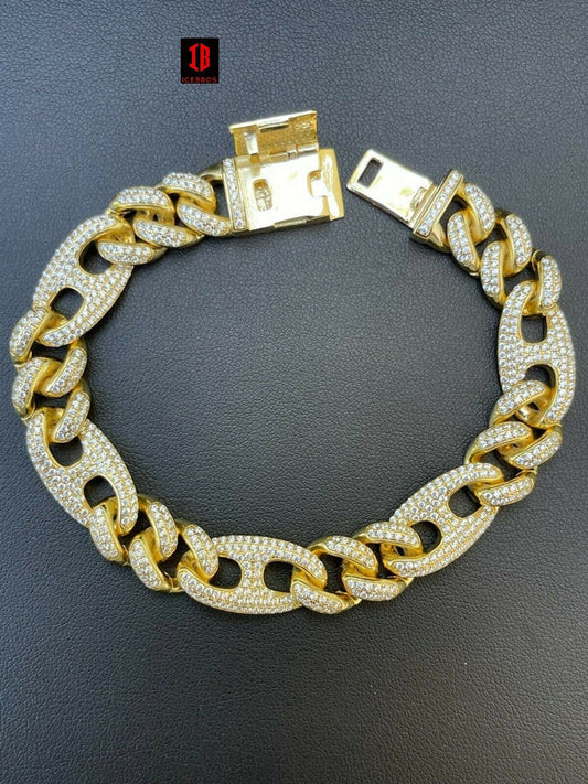 YELLOW GOLD Mens Miami Cuban Iced Gucci Link Bracelet Solid 925 Silver Hip Hop Flooded Out