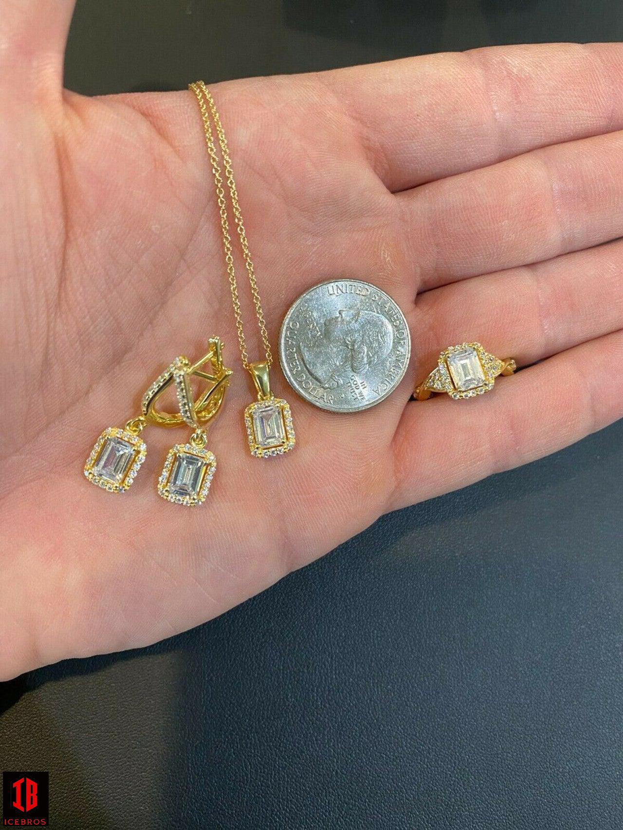 14k Gold Vermeil Real 925 Silver Baguette Diamond Ring Pendant & Earrings Set