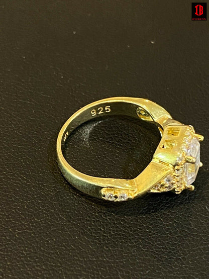 14k Gold Vermeil Real 925 Silver Baguette Diamond Ring Pendant & Earrings Set