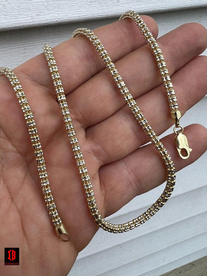 14k Genuine Solid Yellow & White Gold Sparkle Ice Link Chain Necklace Diamond cut Two Tone