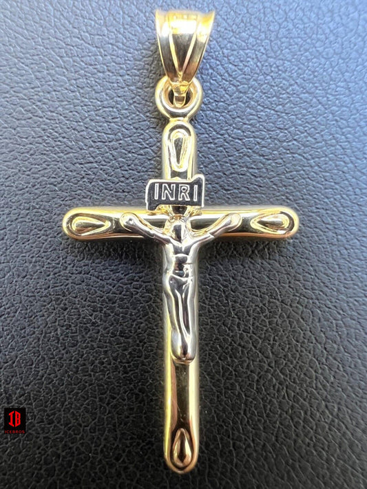 Solid 14k Yellow & White Gold Cross Jesus Crucifix Pendant Necklace Mens Ladies