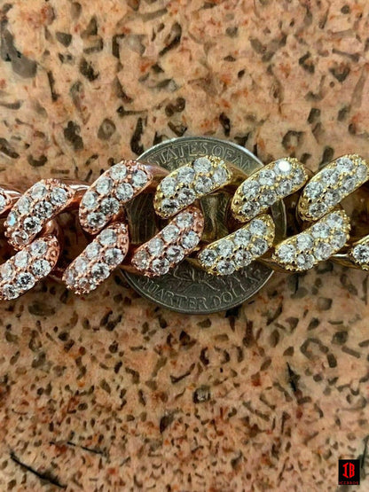 TRI-TONE 15mm Mens Miami Cuban Link Chain 925 Sterling Silver Diamonds HIP HOP Tri Color