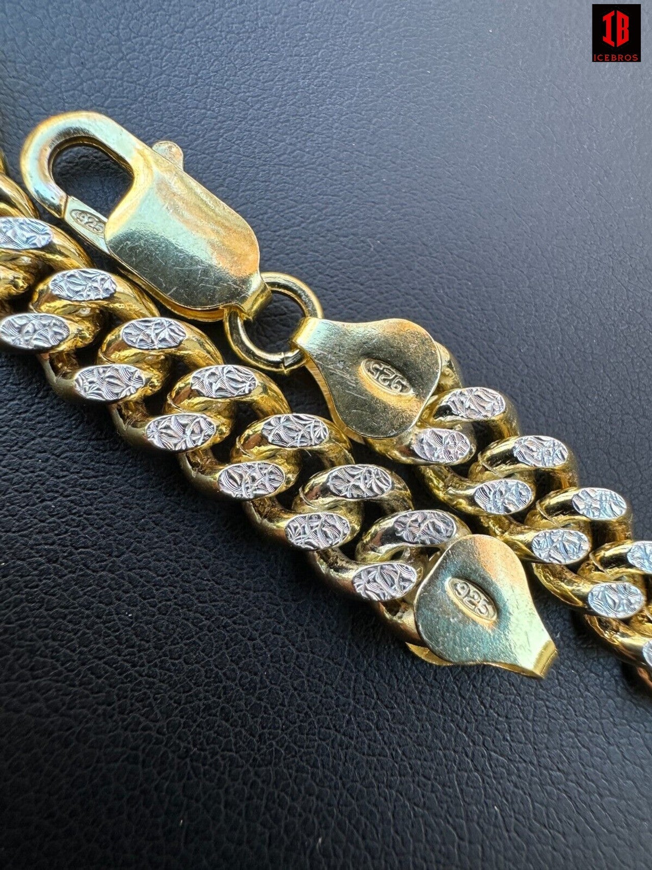 Miami Cuban Bracelet Diamond Cut Two Tone 14k yellow Gold Vermeil Real 925 Silver