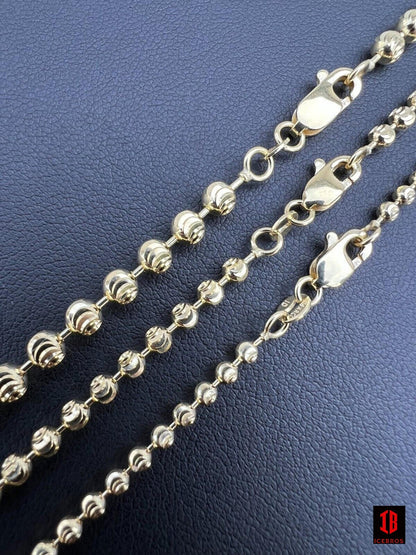 2.5mm-4mm Men's Genuine Solid 14k Yellow Gold Beaded Ball Moon Cut Chain Necklace