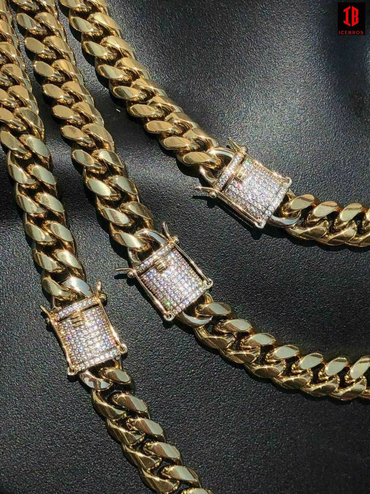 (12MM) 14K-18K Gold Plated Stainless Steel Cuban Link Chain CZ Diamond Lock 8-14MM