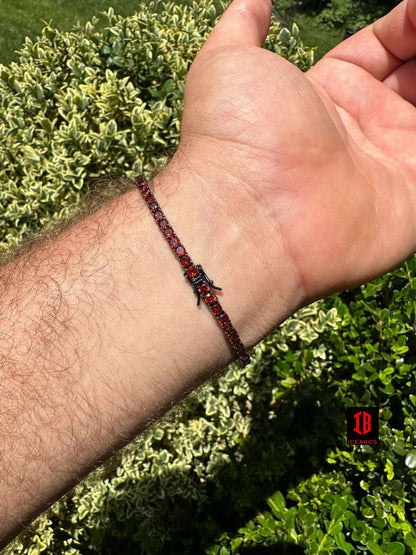 3mm Black & Red CZ Tennis Bracelet Real Iced 925 Sterling Silver Unisex