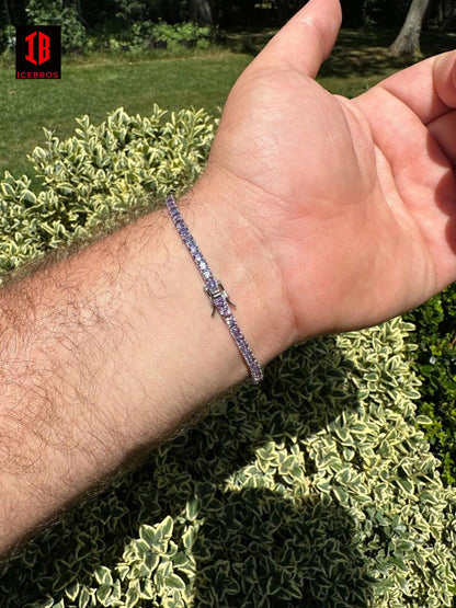 3mm Purple Whtie CZ Tennis Bracelet Real Iced 925 Sterling Silver Mens Ladies 6-8.5inch