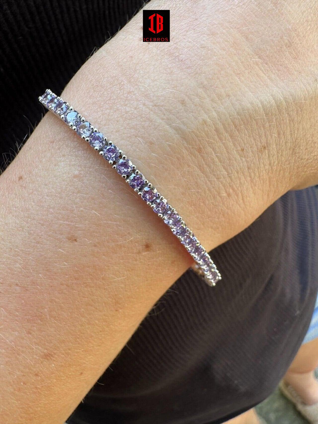 3mm Purple Whtie CZ Tennis Bracelet Real Iced 925 Sterling Silver Mens Ladies 6-8.5inch