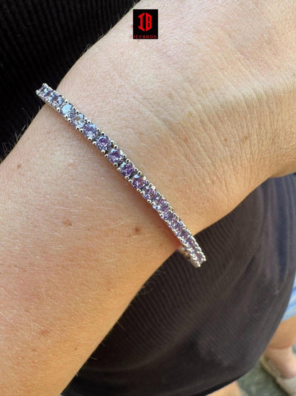 3mm Purple Whtie CZ Tennis Bracelet Real Iced 925 Sterling Silver Mens Ladies 6-8.5inch