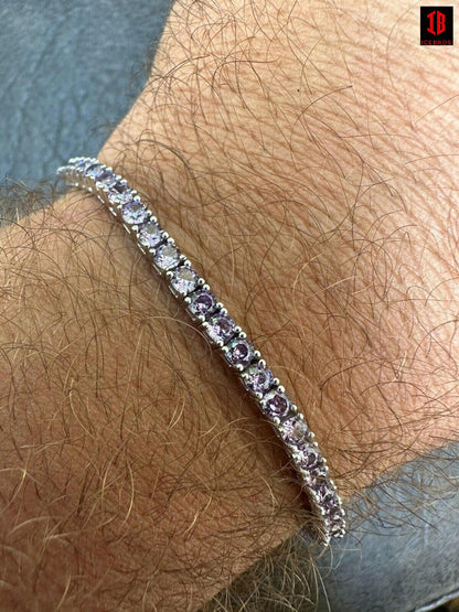 3mm Purple Whtie CZ Tennis Bracelet Real Iced 925 Sterling Silver Mens Ladies 6-8.5inch