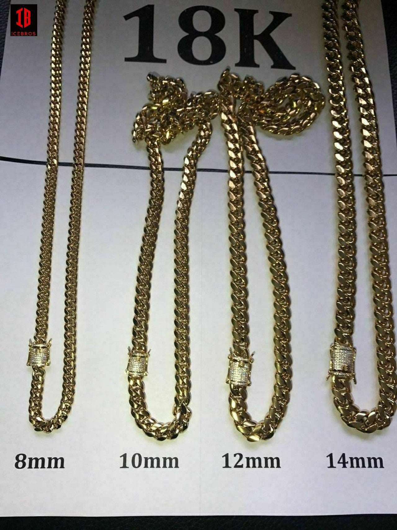 (10MM) 14K-18K Gold Plated Stainless Steel Cuban Link Chain CZ Diamond Lock 8-14MM