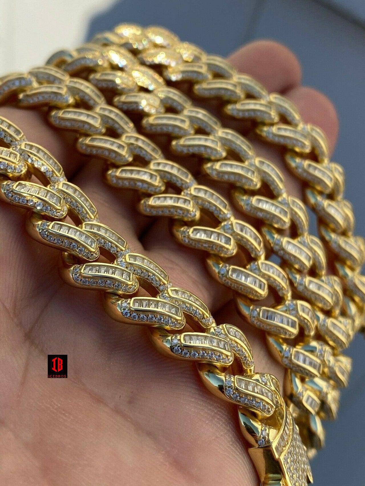 YELLOW GOLD Solid 925 Sterling Silver 12mm Baguette Diamond Miami Cuban Link Chain Necklace