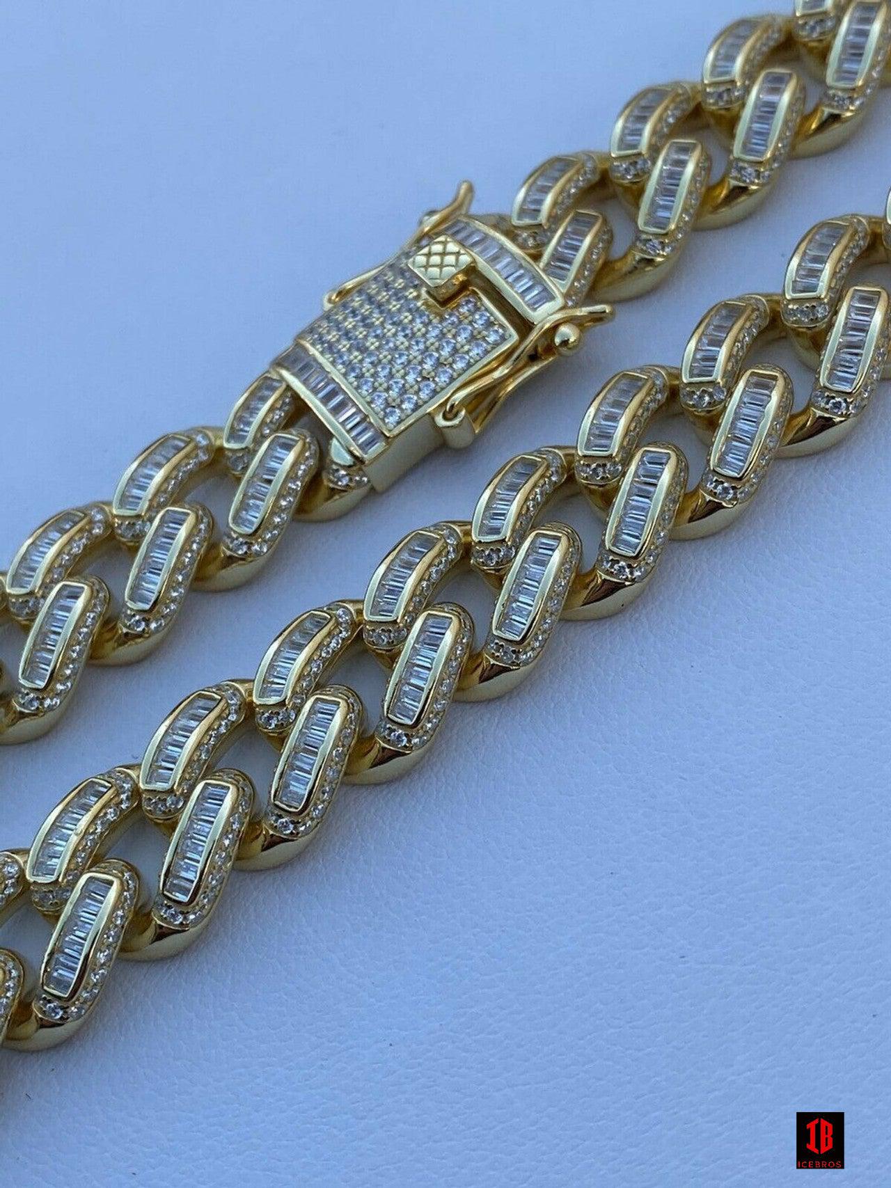 Men’s Miami Cuban Link Bracelet Real Solid 925 Silver Baguette Diamonds Heavy