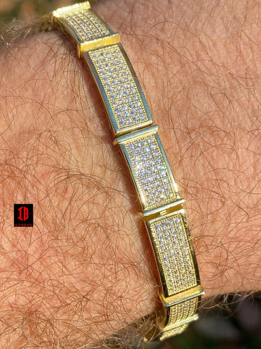 14k Gold Over Solid 925 Sterling Silver Mens Iced Flooded Out Bracelet Diamond