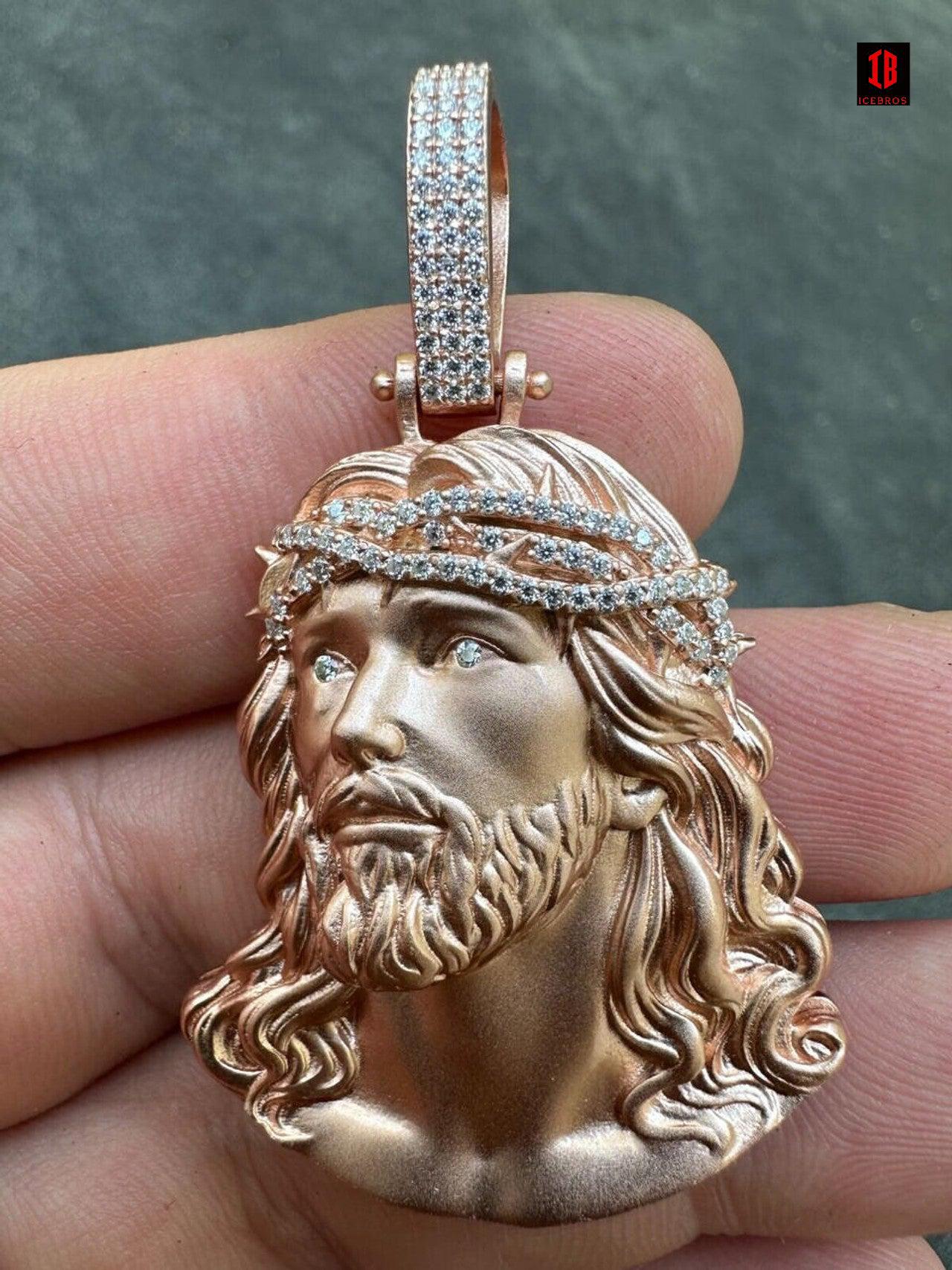 14k Rose Gold Over Solid 925 Silver MOISSANITE Jesus Piece Iced Pendant Necklace