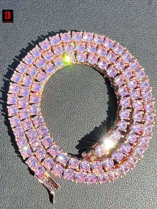 Tennis Chain Real 925 Sterling Silver 14k Rose Gold Finish Pink cz Diamond Necklace - 2 sizes