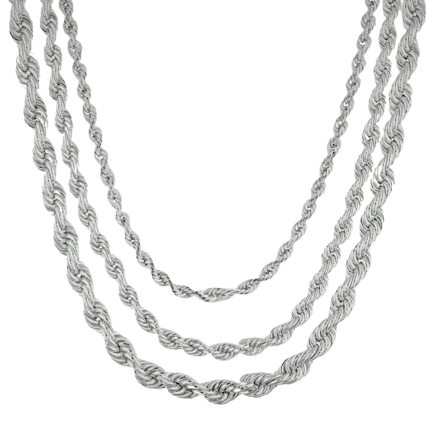 Men's Rope Chain White Gold Over 925 Sterling Silver Chain Necklace (6mm, 8mm ,11mm)