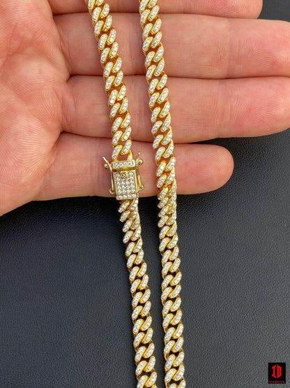 YELLOW GOLD 6mm Miami Cuban Iced 14k Gold Solid 925 Silver Chain Necklace 16-30inch Men Ladies