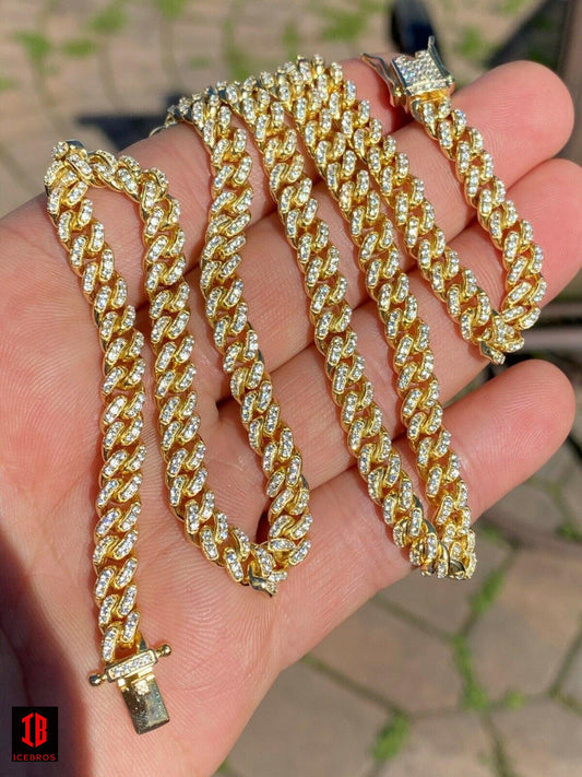 YELLOW GOLD 6mm Miami Cuban Iced 14k Gold Solid 925 Silver Chain Necklace 16-30inch Men Ladies