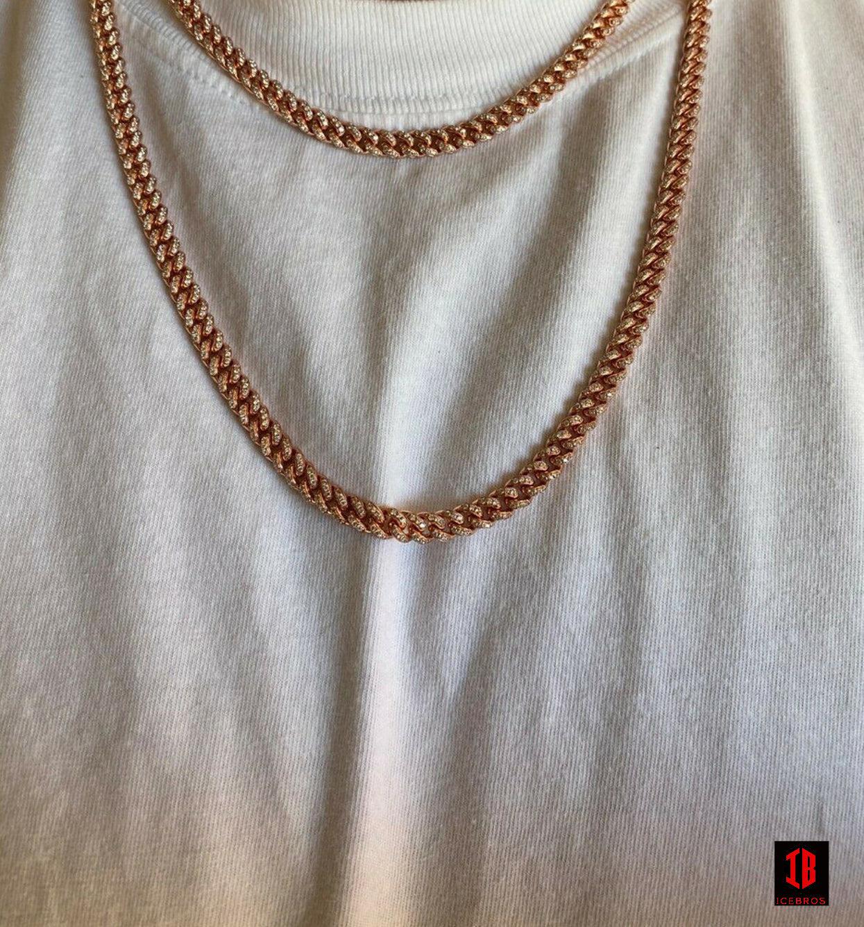 ROSE GOLD 6mm Miami Cuban Iced 14k Gold Solid 925 Silver Chain Necklace 16-30inch Men Ladies