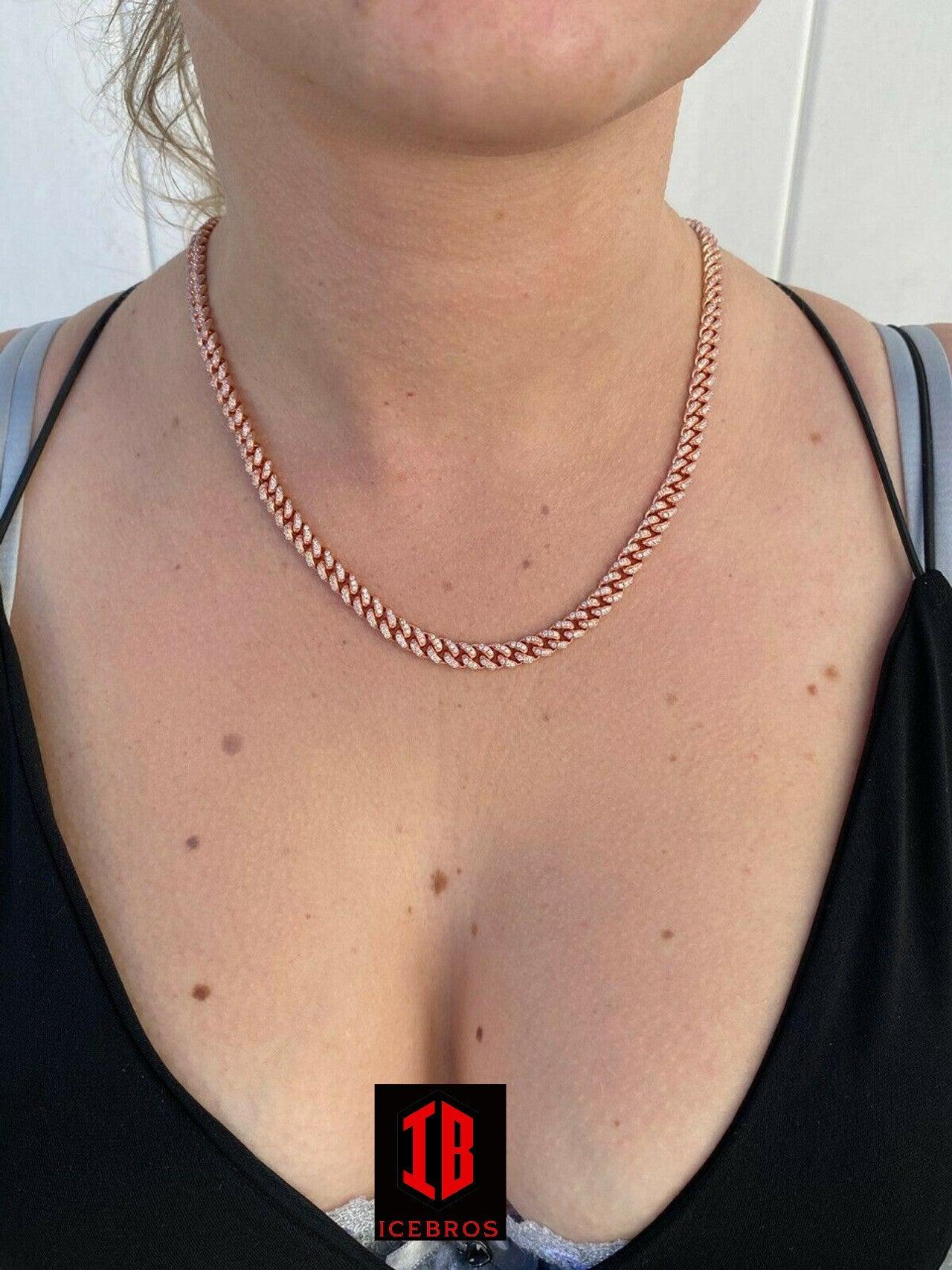 ROSE GOLD 6mm Miami Cuban Iced 14k Gold Solid 925 Silver Chain Necklace 16-30" Men Ladies