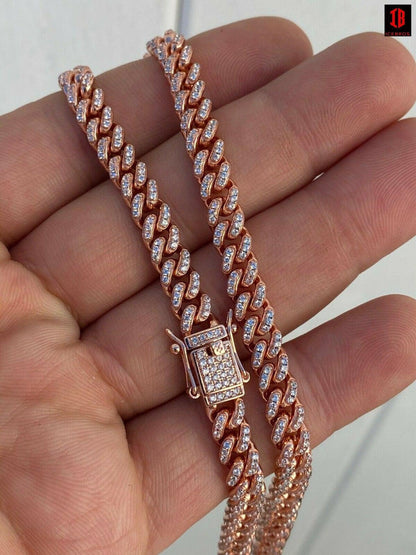 ROSE GOLD 6mm Miami Cuban Iced 14k Gold Solid 925 Silver Chain Necklace 16-30" Men Ladies