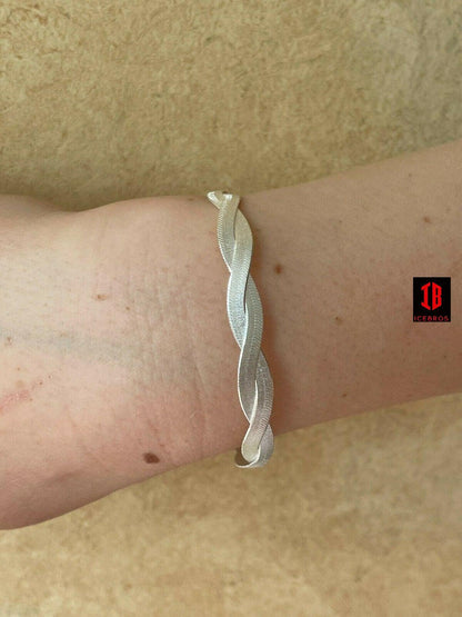 WHITE Gold Over Solid 925 Silver Twisted Braided Herringbone Bracelet 6inch - 8.5inch