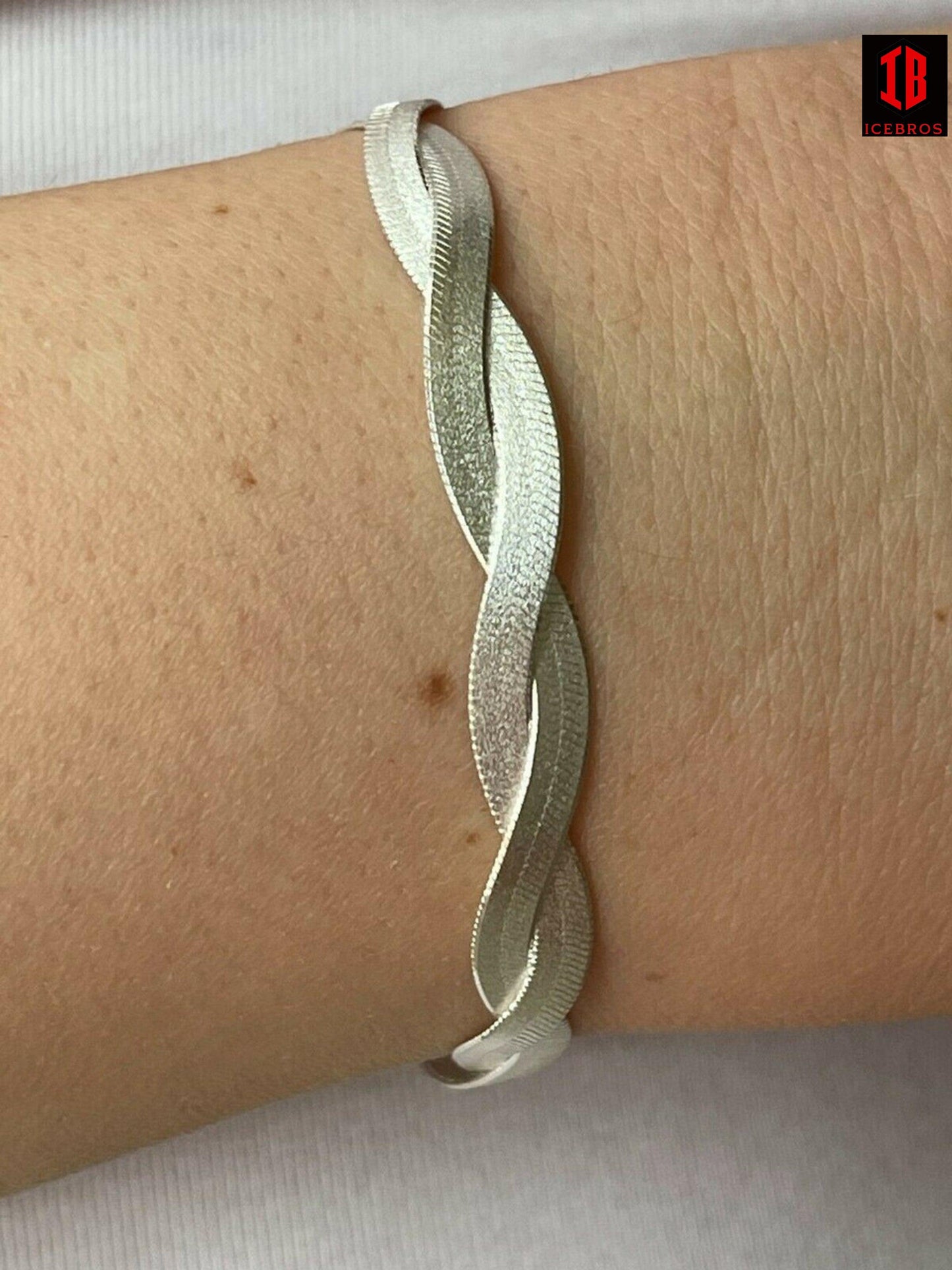 WHITE Gold Over Solid 925 Silver Twisted Braided Herringbone Bracelet 6inch - 8.5inch