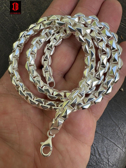 8mm 925 Sterling Silver Men's Diamond Spiked Cut Rolo Shiny Link Chain