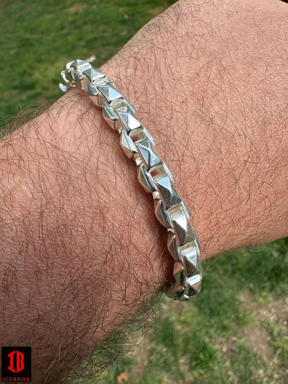 8mm 925 Sterling Silver Men's Diamond Cut Spike Rolo Box Bracelet