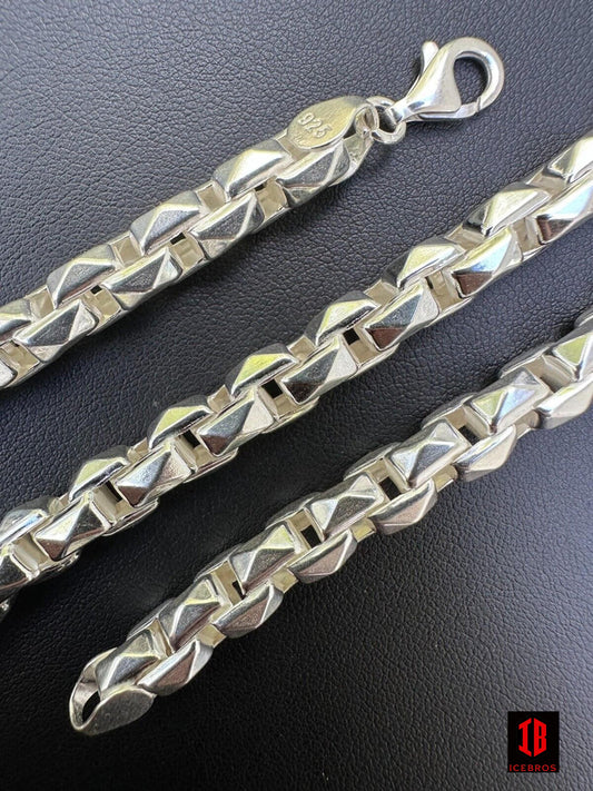 8mm 925 Sterling Silver Men's Diamond Spiked Cut Rolo Shiny Link Chain