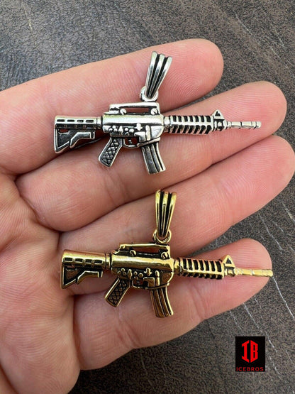 925 Silver Over 14k Gold Plated AR Gun Rifle Pendant Necklace Military M16