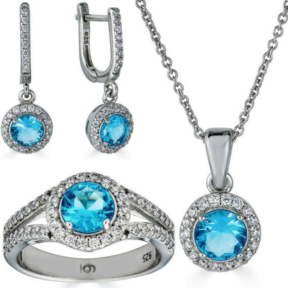 925 Silver Blue Aquamarine Diamond Ring Pendant Necklace Earrings Jewelry Set