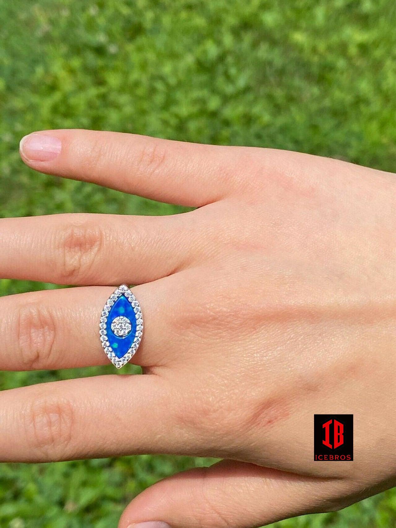925 Silver Evil Eye Blue Opal Hamsa Ring Necklace & Earrings Ladies Girls Set
