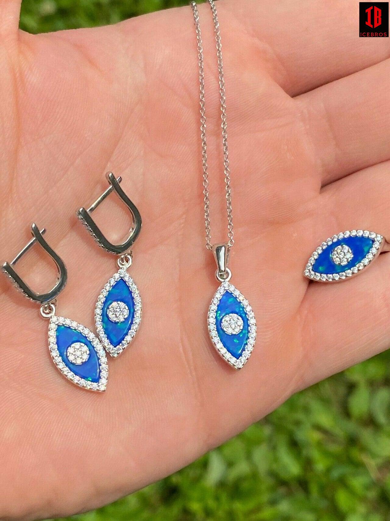 925 Silver Evil Eye Blue Opal Hamsa Ring Necklace & Earrings Ladies Girls Set