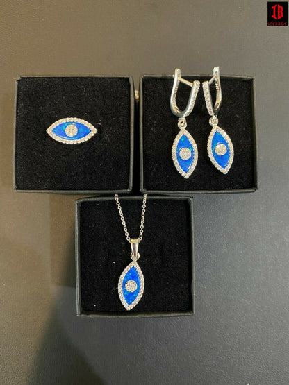 925 Silver Evil Eye Blue Opal Hamsa Ring Necklace & Earrings Ladies Girls Set