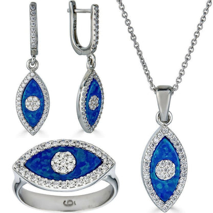 925 Silver Evil Eye Blue Opal Hamsa Ring Necklace & Earrings Ladies Girls Set