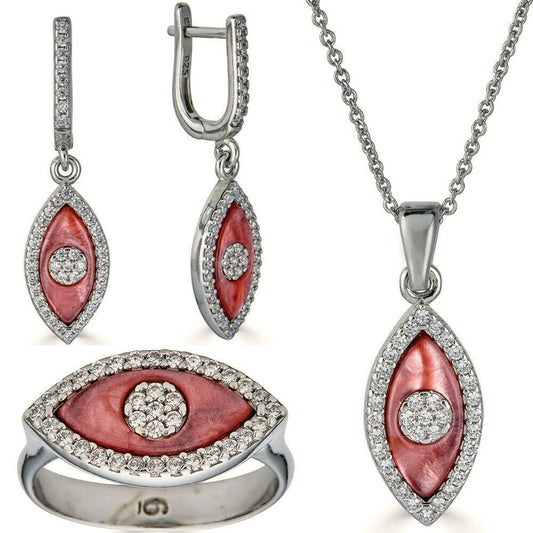 925 Silver Evil Eye Diamond Pink Pearl Ring Necklace Earrings Ladies Girls Set