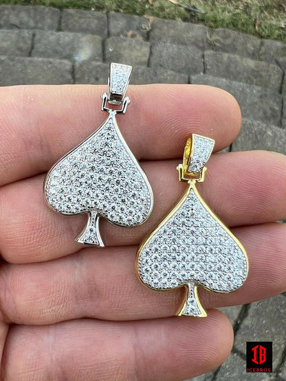 925 Silver Real Gold Hip Hop ACE Of Spades Pendant Iced Diamond Necklace Lucky