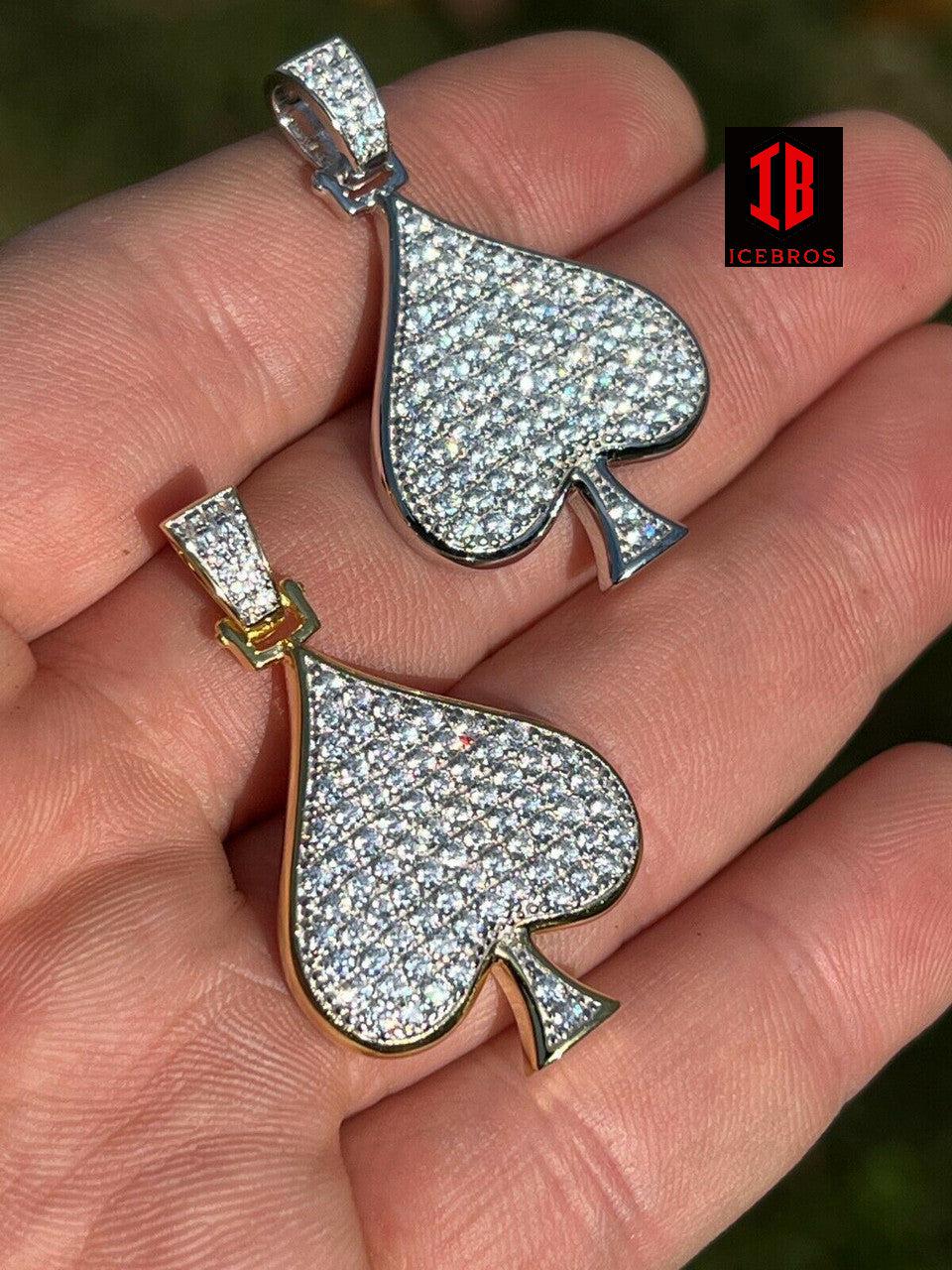 925 Silver Real Gold Hip Hop ACE Of Spades Pendant Iced Diamond Necklace Lucky