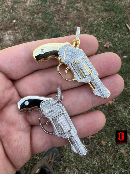 Real 925 Silver 18K Gold Iced Vintage Pistol Revolver Gun HipHop Pendant Necklace