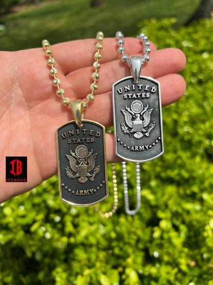 925 Silver Matte Gold US Army Armed Forces Military Soldier Dog Tag Pendant Necklace