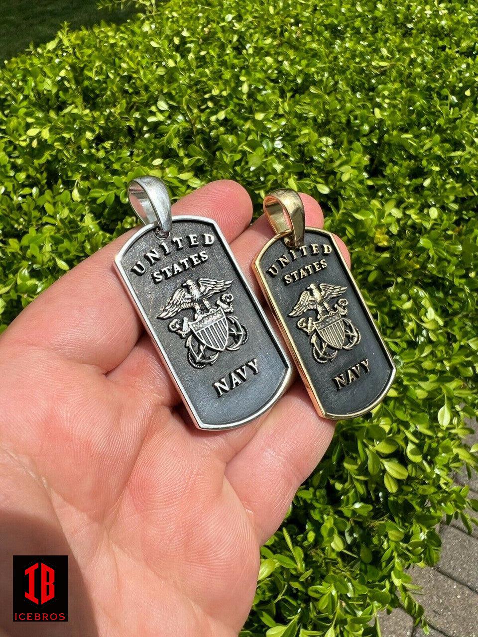 925 Silver Over Gold US Navy Sailor Captain Military Naval Dog Tag Pendant Necklace