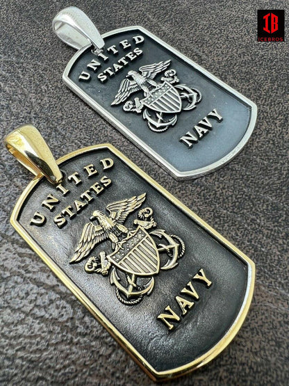 925 Silver Over Gold US Navy Sailor Captain Military Naval Dog Tag Pendant Necklace