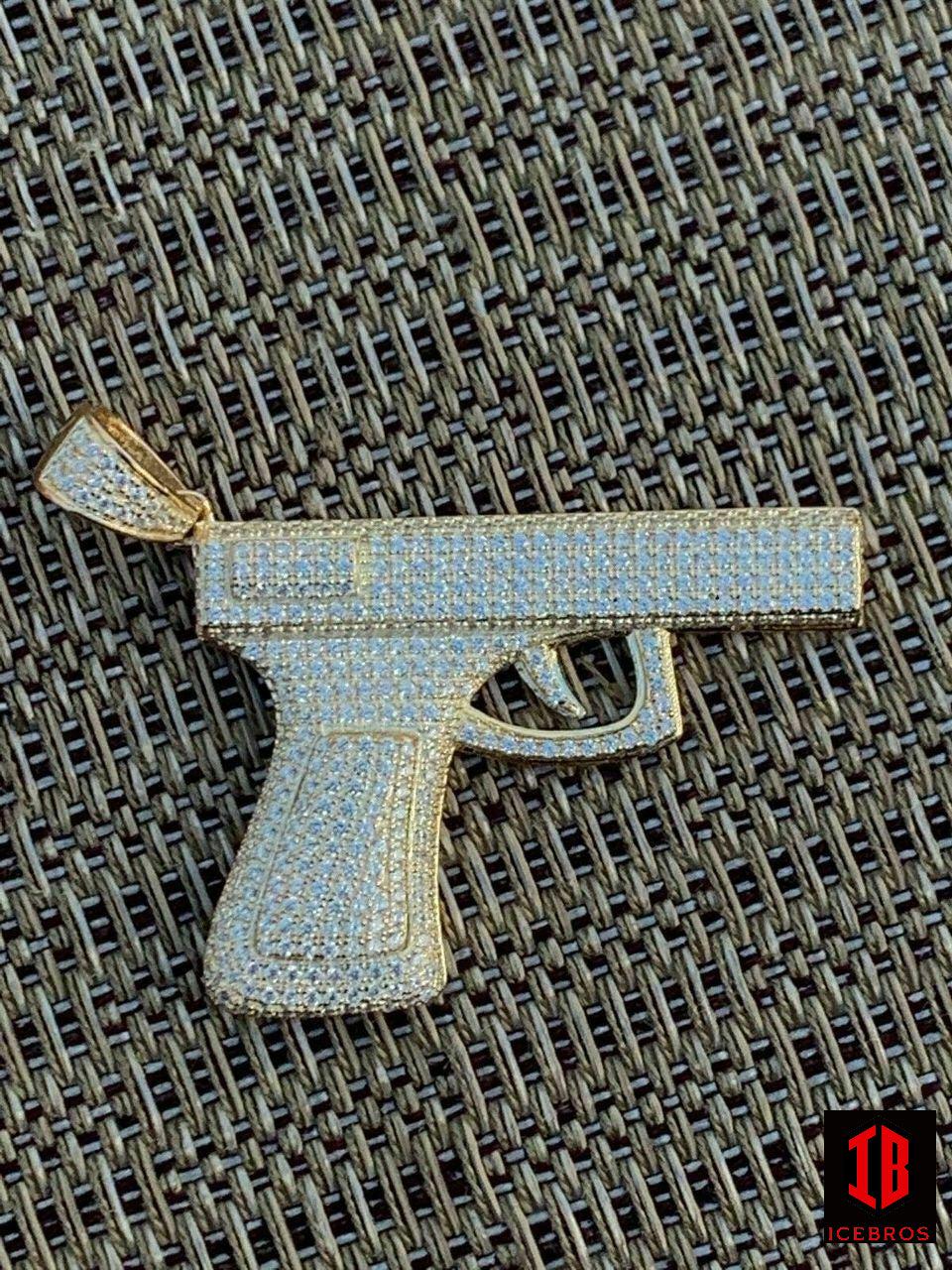 925 Silver Gun Pendant 9mm Pistol Pendant + Rope Chain Large 2inch Glock